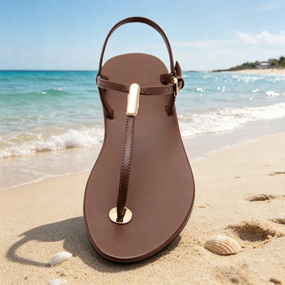 Concise Clip Toe Flat Sandals Women Fashion Ankle Strap Buckle Gladiator Sandals for Girl Luxury Metal Detail Summer Beach Shoes