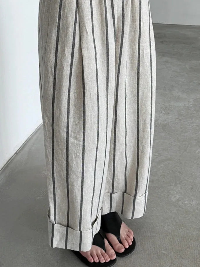 Retro Cuffed Linen Striped Casual Pants Loose Slim Straight Leg Summer Wide Leg Pants for plus Size Women Ladies Fashion
