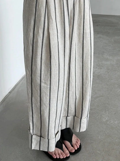 Retro Cuffed Linen Striped Casual Pants Loose Slim Straight Leg Summer Wide Leg Pants for plus Size Women Ladies Fashion
