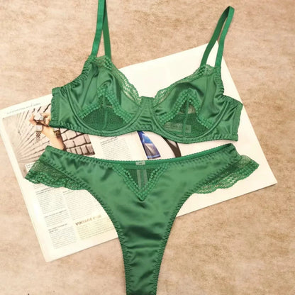 Fashion Women Lace Satin Unpadded Bra Set Soft Underwire Ultra Thin Slimming Anti-sagging Comfort Breathable Daily Underwear Set