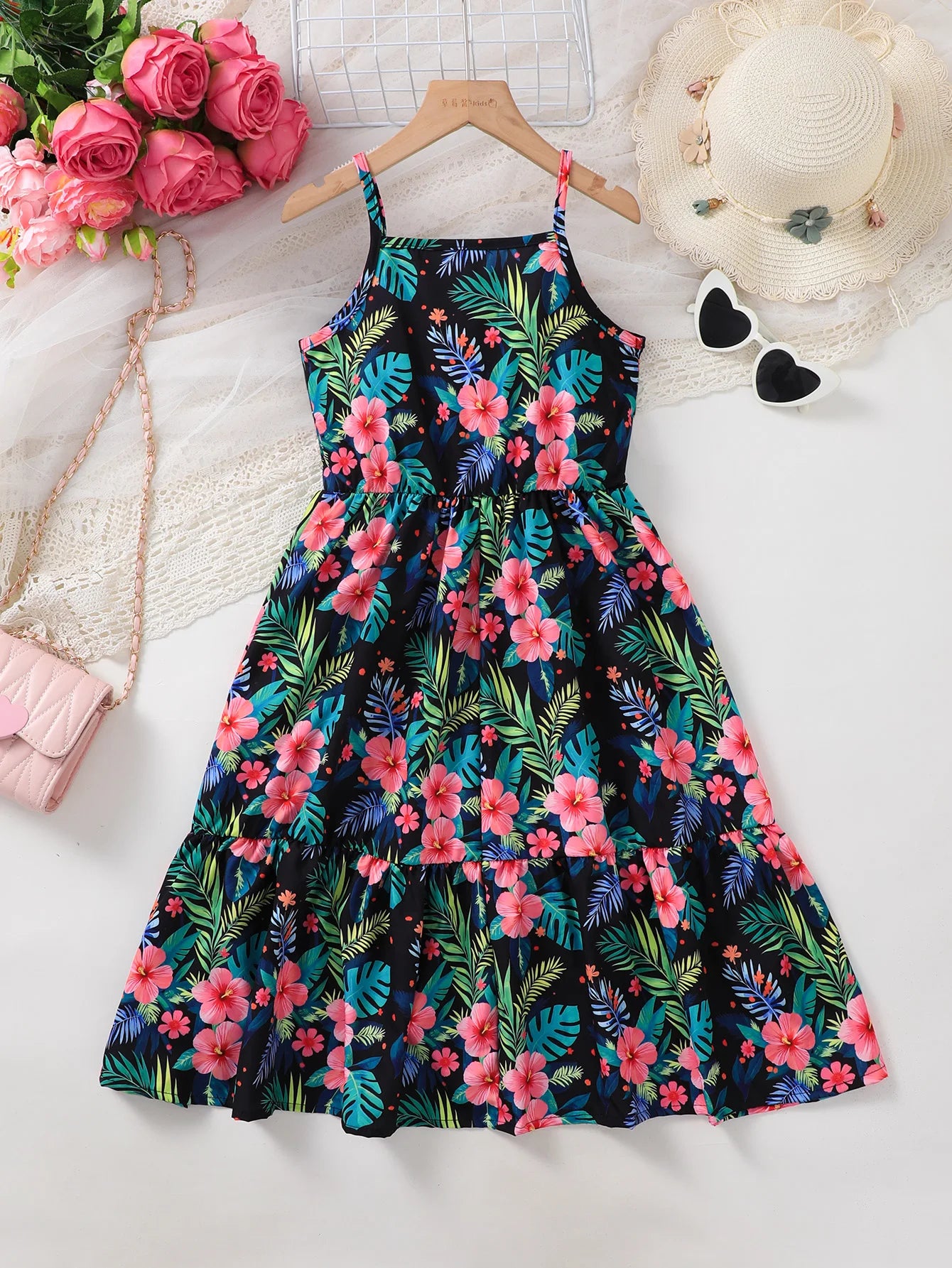 Girls Casual Summer Tropical Rainforest Pattern Dress with Halter Leaf Edge Suitable for Daily Casual Wear Children's Clothing