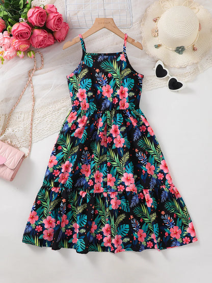 Girls Casual Summer Tropical Rainforest Pattern Dress with Halter Leaf Edge Suitable for Daily Casual Wear Children's Clothing
