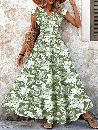 2026 Vintage Floral Print Dress Elegant V-Neck Short Sleeve Long Women's Fashion Retro Gown