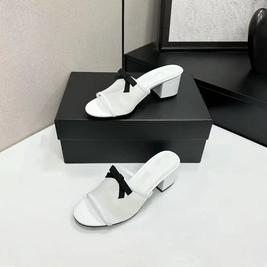 High Quality 2026 Summer Women Slippers New Mesh Upper Bow Decoration Concise Breathable Open-toed Women High-Heeled Slippers