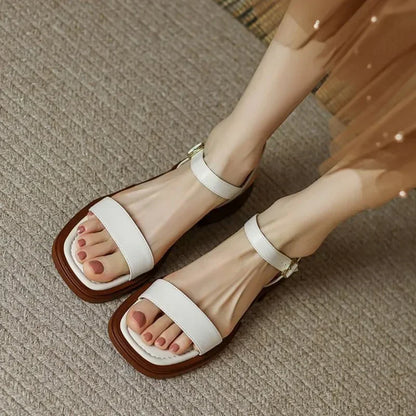 Summer Flat Sandals Women Ankle-Wrap Open Toe Square Low Heel Shoes Slingback Anti-slip Soft Sole Sandals Sandalias De Mujer