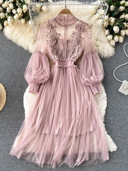 Ladies Dress Three-dimensional Flower See Through Mesh Temperament Stand Collar Lantern Sleeve High Waist Slim Female Dresses