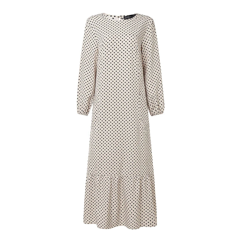 ZANZEA Casual Polka Dots Printed Women Muslim Abaya Dress O Neck Long Sleeve Sundress Dubai Robe Kaftan Bohemian Maxi Dresses