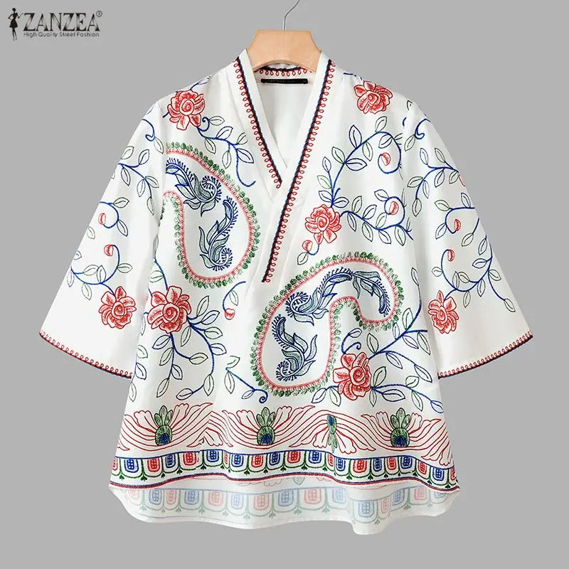 ZANZEA Woman Bohemian Floral Print Blouses V-Neck 3/4 Sleeve High Low Kimono Tops 2026 Summer Casual Loose Vacation Blusas Mujer