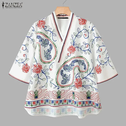 ZANZEA Woman Bohemian Floral Print Blouses V-Neck 3/4 Sleeve High Low Kimono Tops 2026 Summer Casual Loose Vacation Blusas Mujer