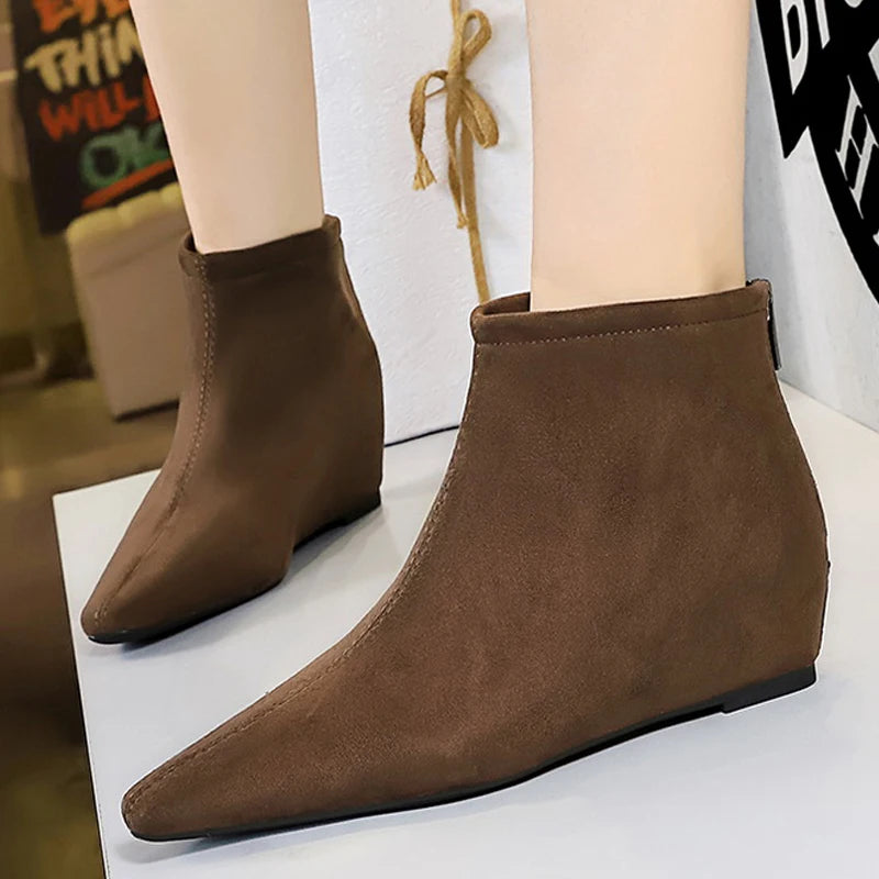 BIGTREE Shoes Women's Boots Rear Zipper Women's Ankle Boots Suede Square Head Wedges Boots Fashion Short Boots Botas Mujer