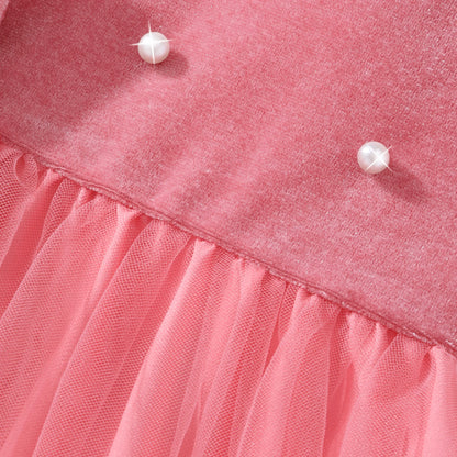 Pink One-Shoulder Tulle Dress for Girls - Spaghetti Strap, Pearl Bow, Romantic Cute