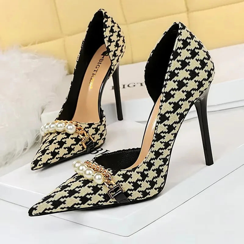 BIGTREE Shoes 2026 Spring Women Pumps Pearl Metal Chain High-heels Checked Grain Stilettos Women Heels Luxury Banquet Shoes 43