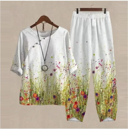 Summer Casual Two Piece Sets Women Loose Short Sleeve T-Shirt High Waist Pants Print Outfits Ladies Elegant Vintage top Pantsuit