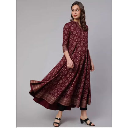 Spring/Summer Collection Indian Ethnic Style Silk Print Stand Collar Bordeaux Red Long Dress