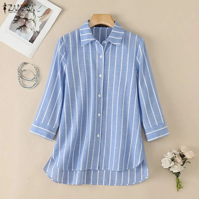 ZANZEA 2026 Woman Striped Shirts Turn-Down Collar 3/4 Sleeve Button Up High-Low Blouses Autumn Casual Commute Work Chemise Femme