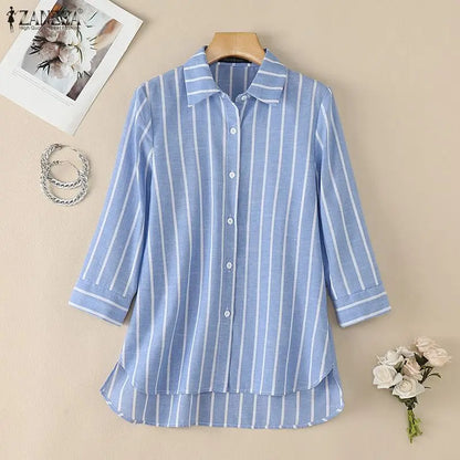 ZANZEA 2026 Woman Striped Shirts Turn-Down Collar 3/4 Sleeve Button Up High-Low Blouses Autumn Casual Commute Work Chemise Femme