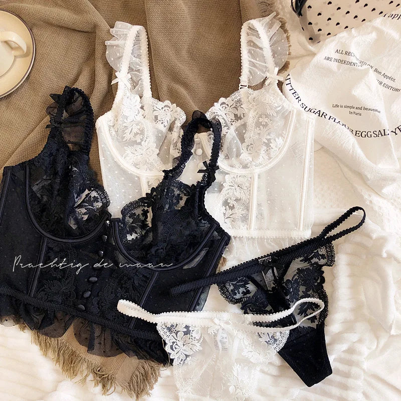 Hot Sale French Sexy Lingerie Set for Women Ultra Thin See Through Bra Panty Set Embroidery Lace Shaping Camisole Underwear Set