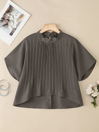 ZANZEA Elegant Pleated High-Low Blouses Womens 2025 Summer Casual Wavecut Stand Collar Short Sleeve Solid Color Tops Streetwear