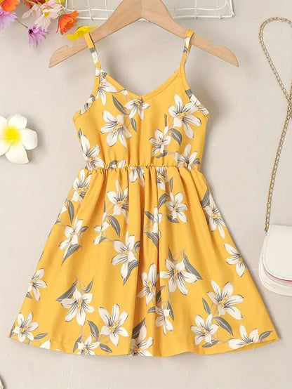 Little Girl's Floral Pattern Camisole Dress V-Neck Elastic Waist Party Beach Dress Cute Summer Vest Dress for Kids