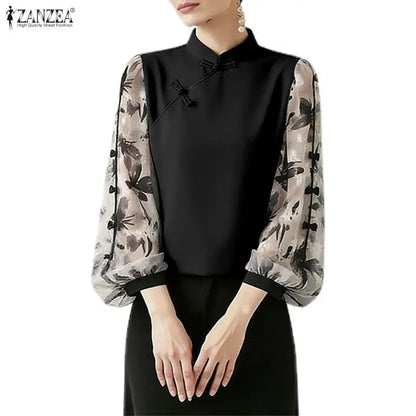 ZANZEA Summer Woman Vintage Blouses Mandarin Collar Floral Printed Puff Sleeves Bows Detail Tunic Tops Casual Blusas de Mujer