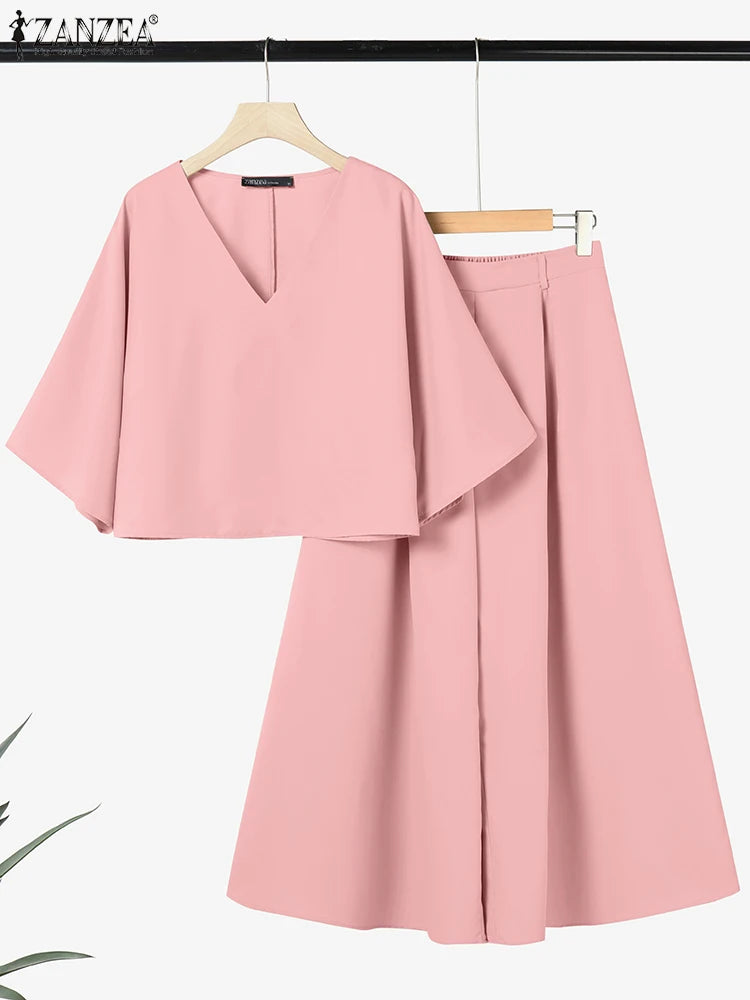 ZANZEA Summer Women Two Pieces Sets 2PCS Outfit V-Neck 3/4 Sleeve Blouse Wide Leg Trousers Suit Casual Solid Work Tracksuit 2025