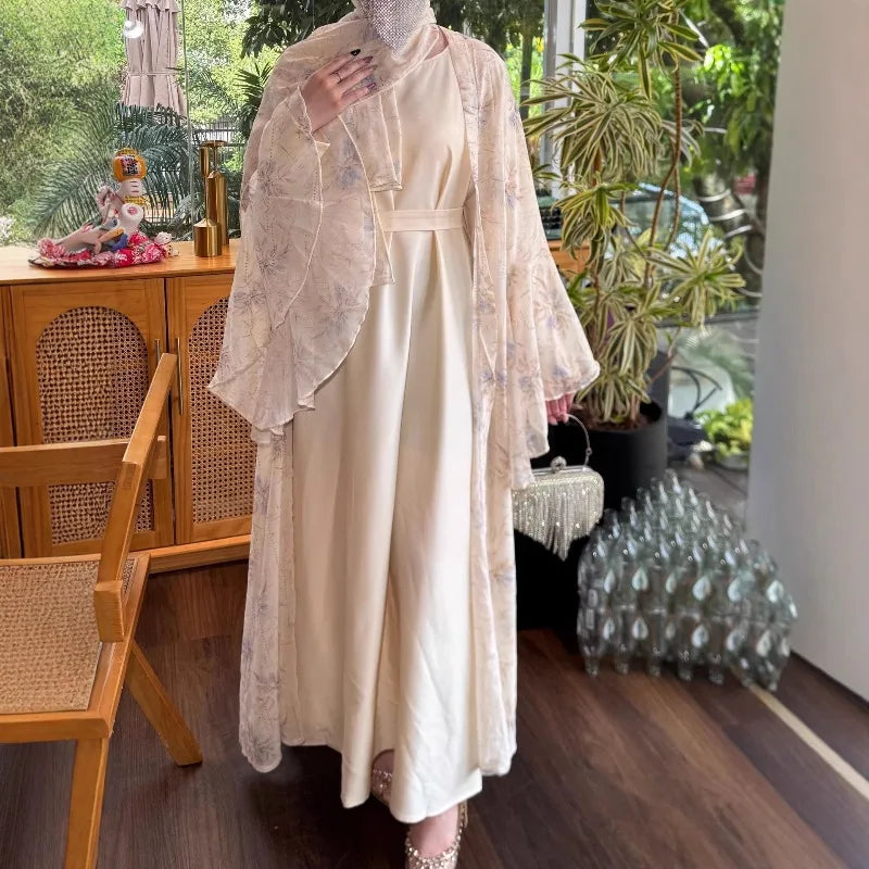 Party Dresses 3 Piece Set for Women Muslim Abaya with Scarf Long Cardigan Robe Vestidos Sashes Dubai Abayas Eid Ramadan Jalabiya