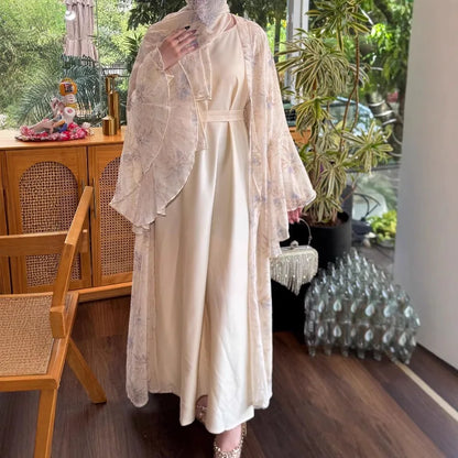 Party Dresses 3 Piece Set for Women Muslim Abaya with Scarf Long Cardigan Robe Vestidos Sashes Dubai Abayas Eid Ramadan Jalabiya