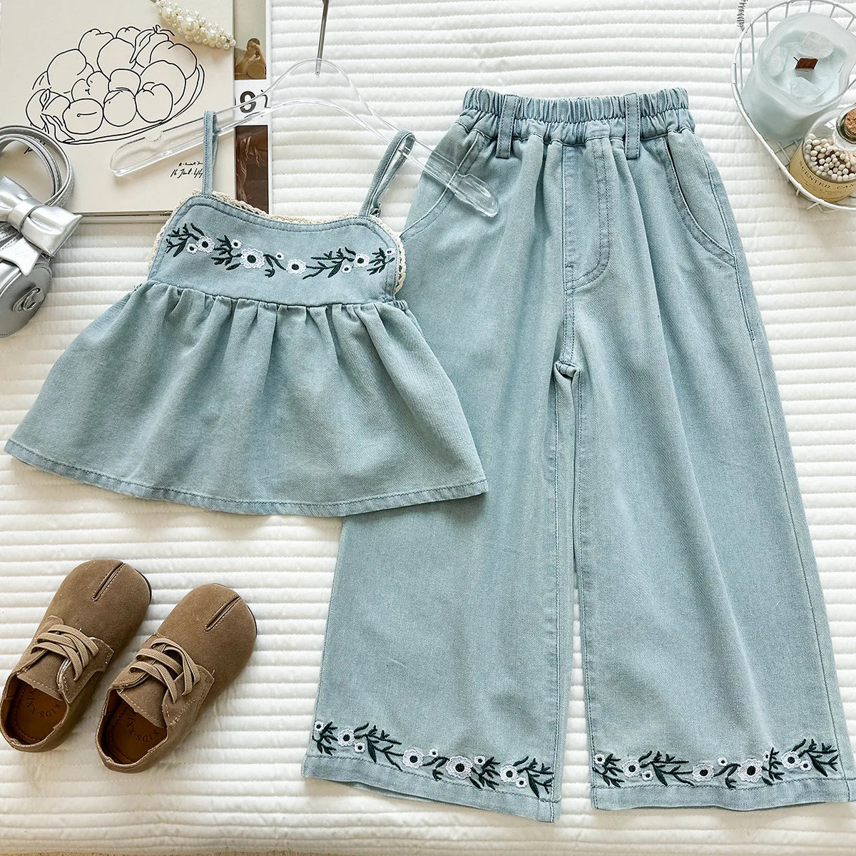 Girls' New Sleeveless Denim Vintage Embroidered Denim Suspender Wide-Leg Pants Two-Piece Set