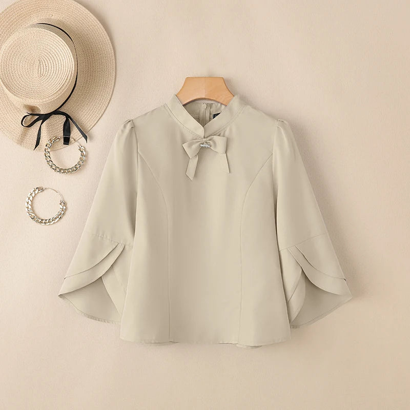 ZANZEA Women's Elegant Bow Tie Blouses Classy 3/4 Petal Sleeves Mandarin Collar Princess Seams Back Zipper Tops Woman Clothes