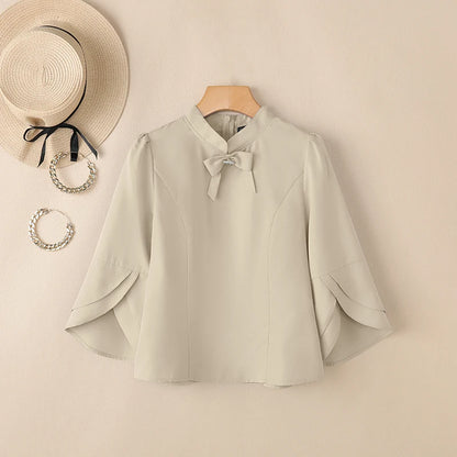 ZANZEA Women's Elegant Bow Tie Blouses Classy 3/4 Petal Sleeves Mandarin Collar Princess Seams Back Zipper Tops Woman Clothes