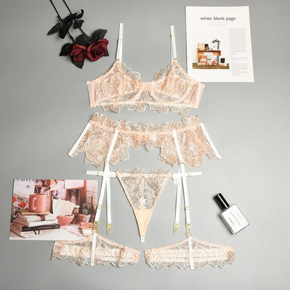 Flower Embroidery Erotica Lingerie Undewear 3 Piece Set Mesh Splicing Transparent Eyelash Bra Panty Suit