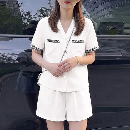 ZANZEA Women's 2-Piece Short Sets Printing Paneled V-Neck Short Sleeve Top Elastic Waist Shorts Matching Sets 2026 Summer Co-ord