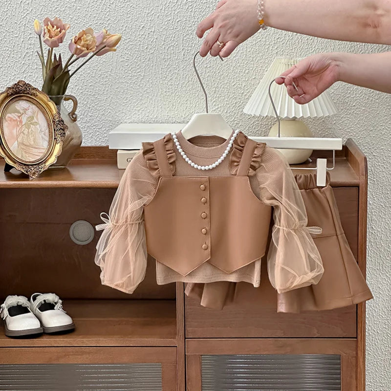 New Girls' Autumn Western Style Little Girls' Leather Two-Piece Suit Fashionable Children's Bottoming Shirt Trendy