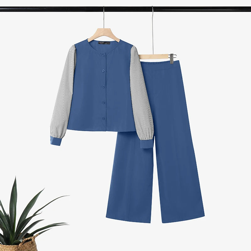 ZANZEA Women Muslim 2 Pieces Sest Hijab Tracksuit Fashion Pant Sets Summer Long Sleeve Patchwork Blouse Trousers Suit Outfits