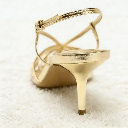 Gold Narrow Strap Hollow Out Design Heeled Sandals Women Sexy Pointed Toe Ankle Strap High Heels Elegant Banquet Wedding Shoes