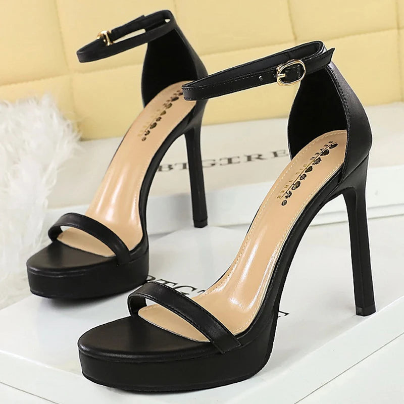 BIGTREE Shoes Summer High-Heeled Sandals Women's Shoes Sexy Party Shoes Peep-Toe High Heels Stiletto 11 CM Buckle Ladies Shoes