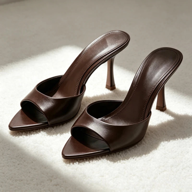 Elegant Pointed-toe Mule Sandals for Women High-quality Soft Leather Designer Shoes Summer Sexy Open-toe Stiletto Slide Sandals