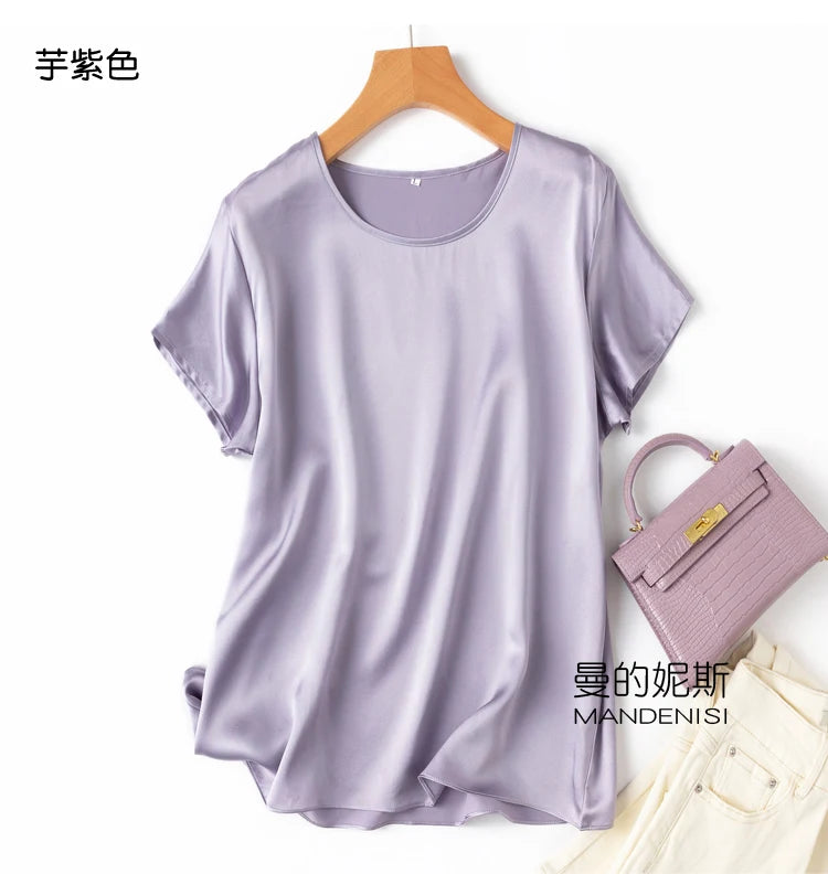 ZVAQS 100% Mulberry Silk T Shirts Woman Elegant Satin T Shirt 27 Colors High Quality Silk Summer Tops 2025 Women Clothing Топ