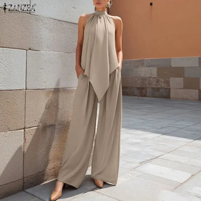 ZANZEA Women Street Fashoin Matching Pant Sets Summer Asymmetrical Hem Sleeveless Tops & Wide Leg Pants 2 Pieces Suits Outfits