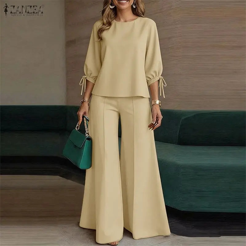 ZANZEA Women Minimalist Pant Sets 3/4 Lantern Sleeve Blouse & Wide Leg Pant Loose 2 Piece Suits Female Commute Work Outfits