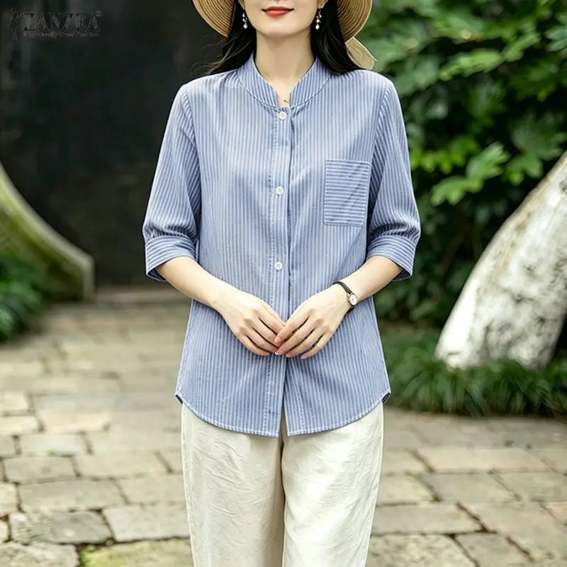 ZANZEA Woman Striped Shirts Stand Collar Half Sleeve Button Up Patch Pocket Tops Spring Summer Daily Casual Chemises Femme