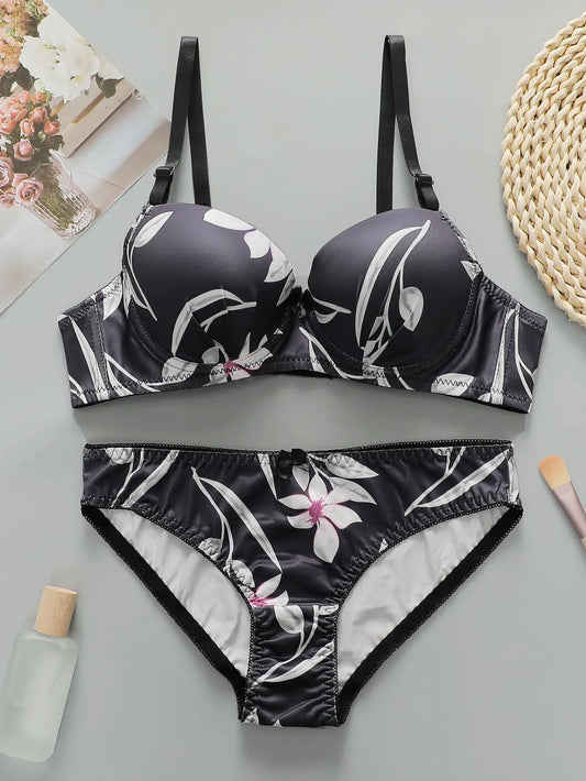 1 set High Quality Women's black bra Floral Print Bra and Panty Set Full Cup Support Elegant Summer Style  A2135