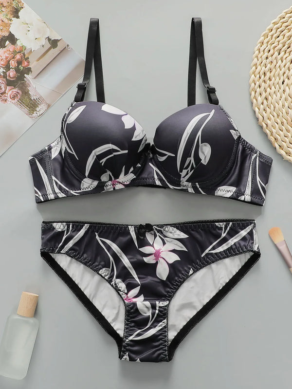1 set High Quality Women's black bra Floral Print Bra and Panty Set Full Cup Support Elegant Summer Style  A2135