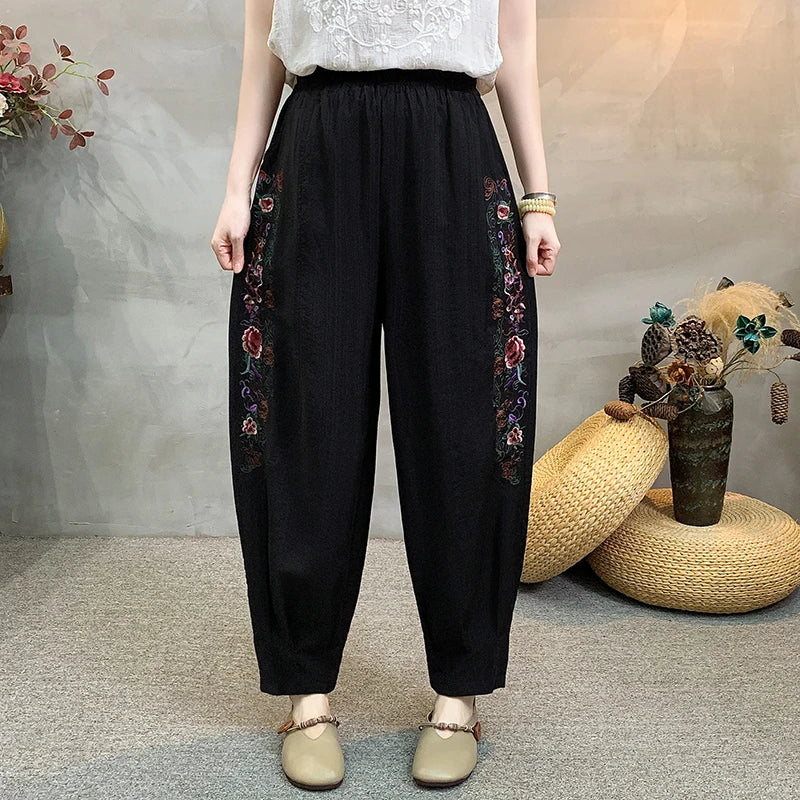 Fashionable Cotton And Linen Lantern Pants For Women's Daily Wear, Plus Size Casual Loose Elastic Waist Pants, High-quality