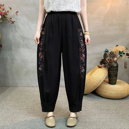 Fashionable Cotton And Linen Lantern Pants For Women's Daily Wear, Plus Size Casual Loose Elastic Waist Pants, High-quality