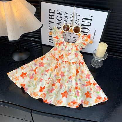 2026 Summer Girls Flutter Sleeve Dress Kids Printed Tiered Princess Dresses for 1-12Y Children Vacation Clothes