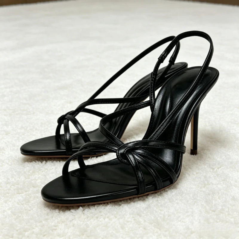 Fashion Gold Metalized Pattern Cross Tied Heeled Sandals Women Sexy Open-toe Slingback Heels Elegant Round-toe Designer Shoes
