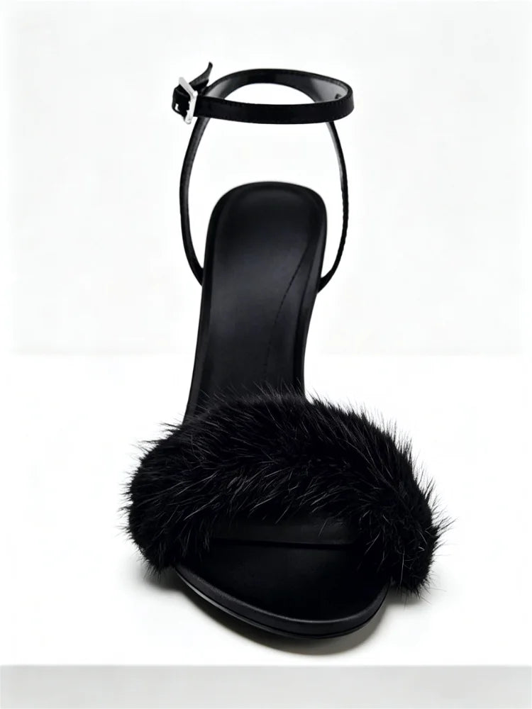 Sexy Open Toe Faux Fur High Heel Sandals Women Elegant Ankle Strap Buckle Stiletto Heels for Ladies Fashion Party Wedding Shoes
