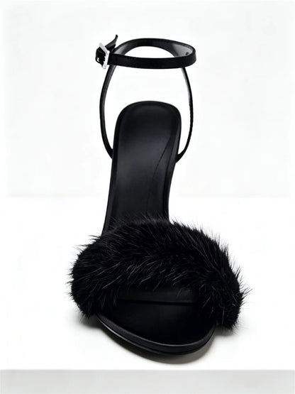 Sexy Open Toe Faux Fur High Heel Sandals Women Elegant Ankle Strap Buckle Stiletto Heels for Ladies Fashion Party Wedding Shoes