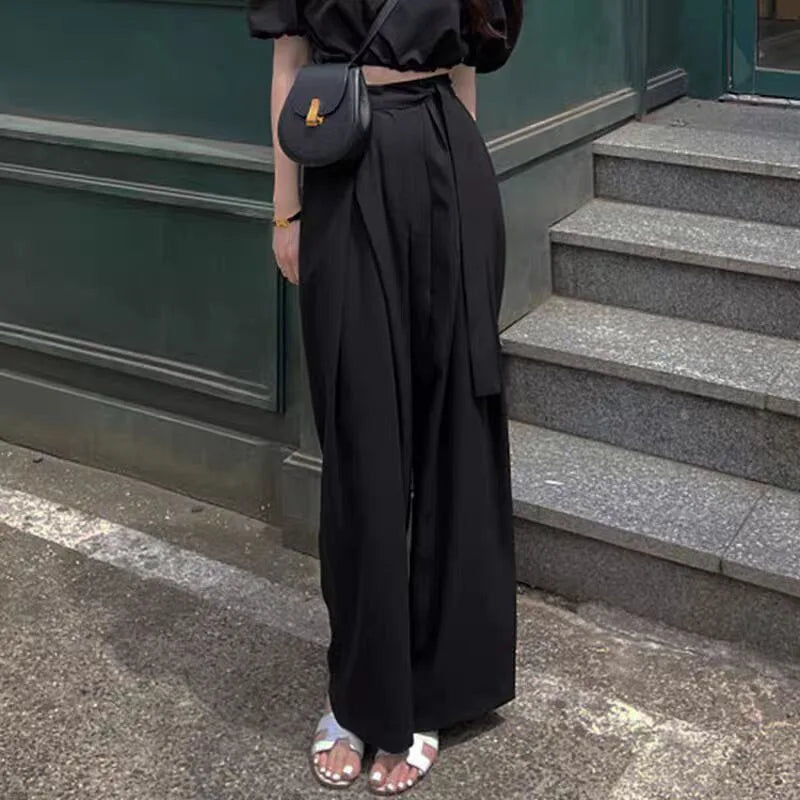 Casual Chic Wide Leg Pants Women Office Pocket Pleated Lace-up High Waist Trousers Fashion 2026 Spring Autumn Streetwear Pants